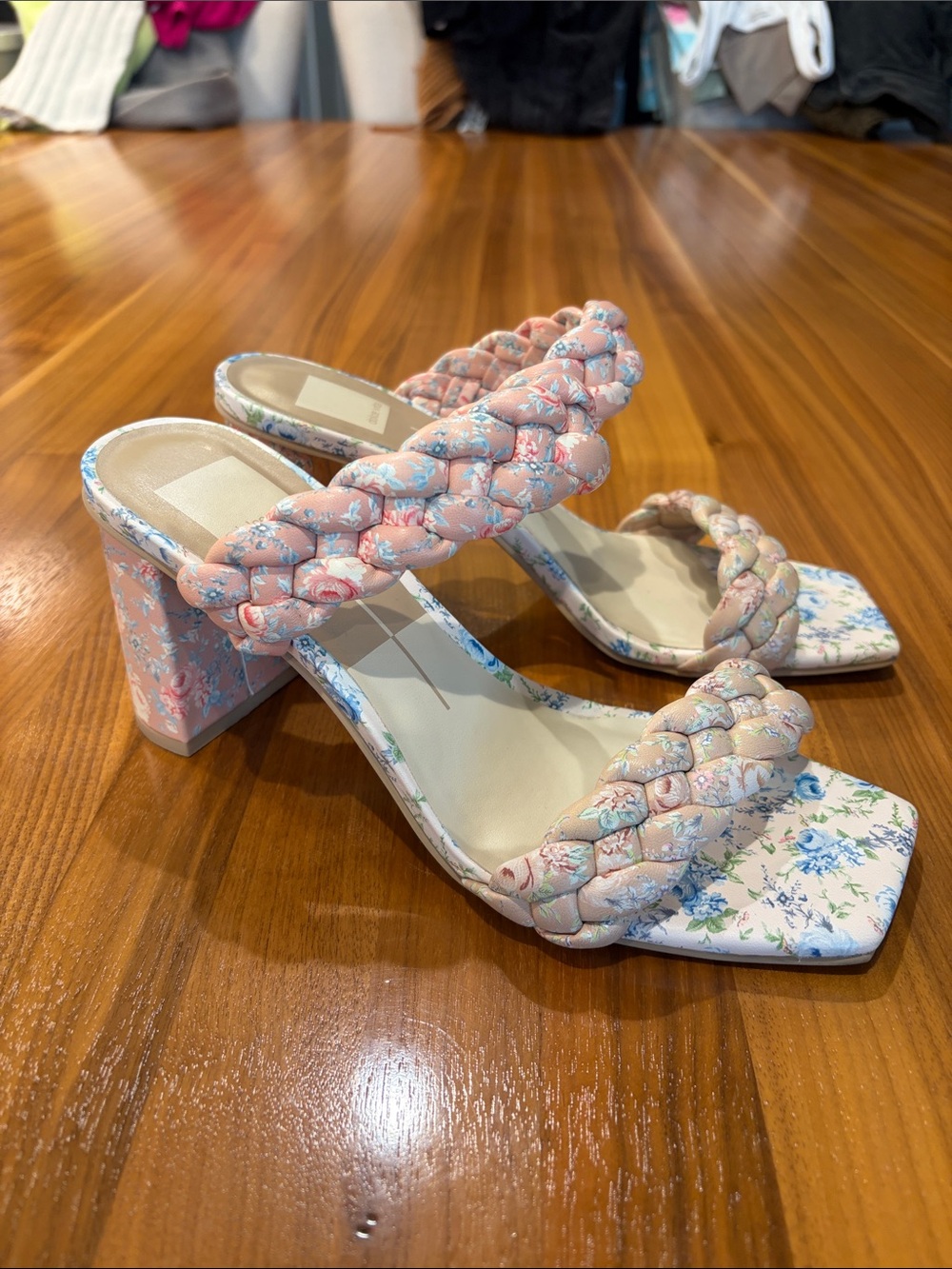 Dolce Vita Pink Floral Braided Double-Strap Block Heels